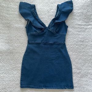 Flying Tomato Denim mini jean dress stretchy ruffles v neck back zipper fitted M